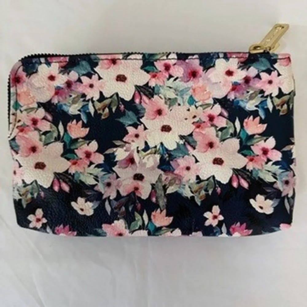 Betsey Johnson Navy‎ Blue Pink White Floral Zip Around Cluth Wallet Y2K